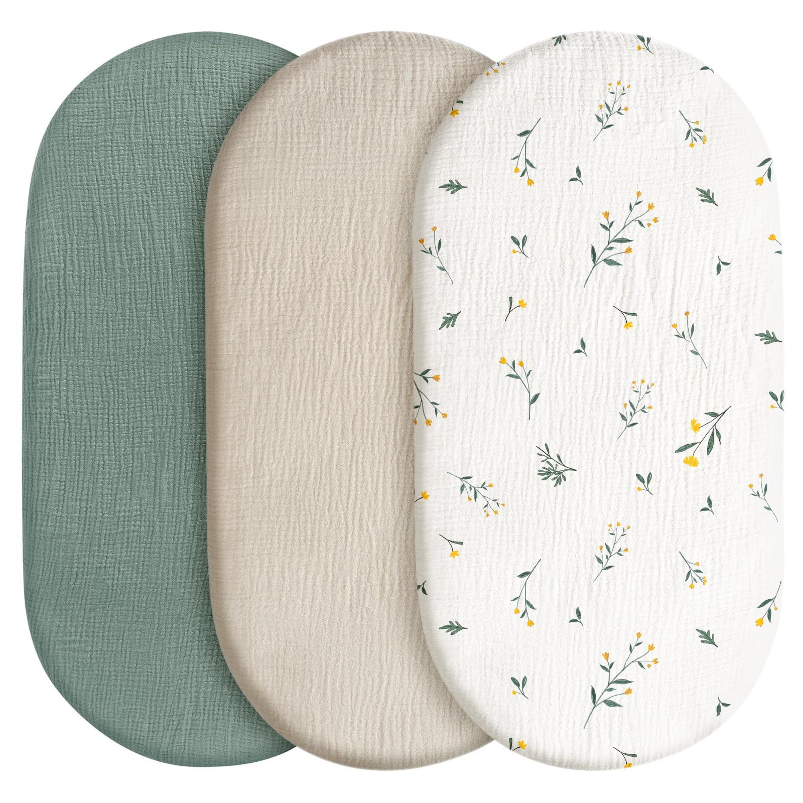Baby Mattress Cover, Fitted Sheet, Pack of 3, 100% Muslin Cotton,Oeko-Tex 100,Muslin Bassinet Sheets,Bassinet Cover,Pram Mattress Cover,83 x 43 x 10 cm,Fitted Sheet for Prams, Bassinets（Flower）