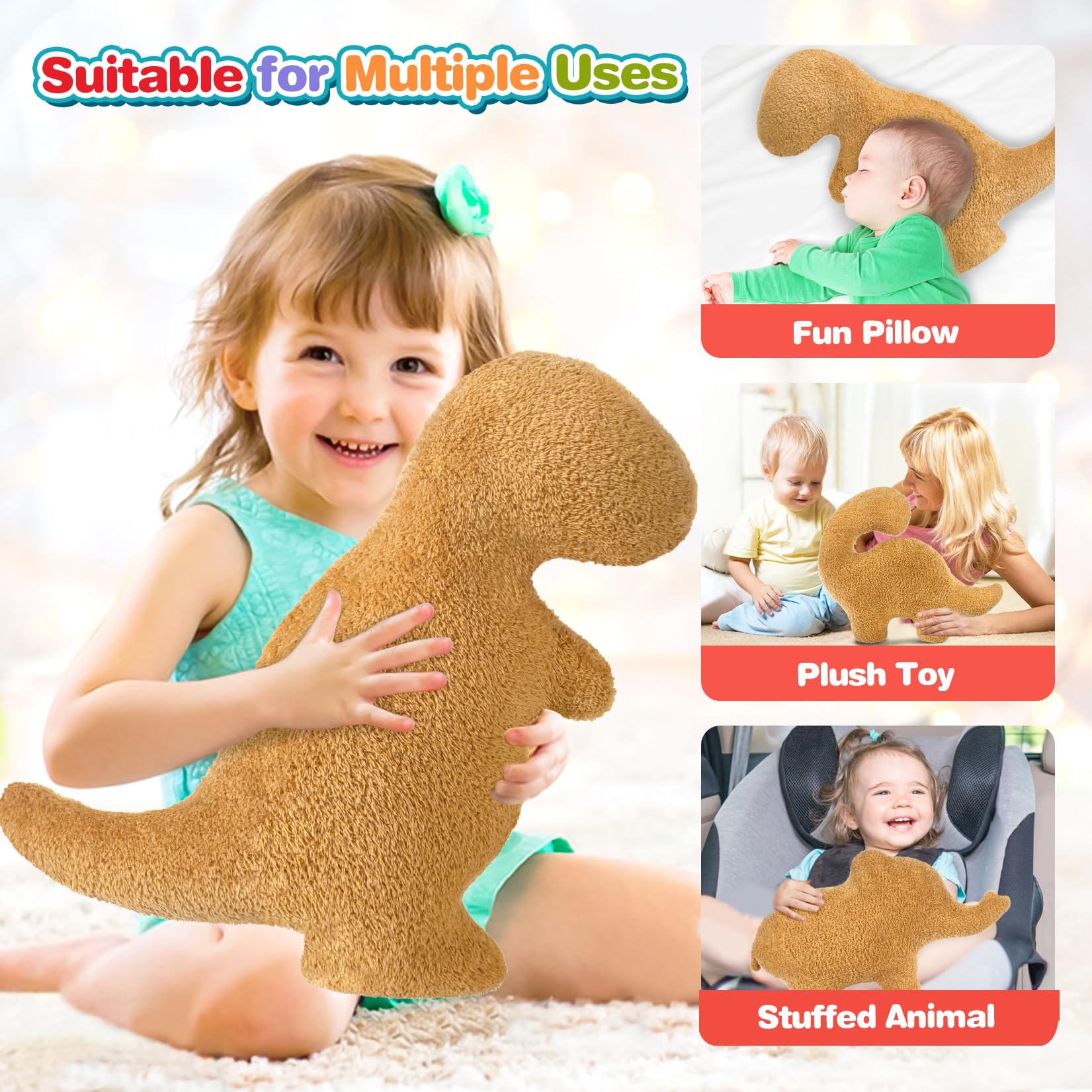 Aiideals Dino Nugget Pillow for Birthday Gifts, Chicken Dino Nuggets Plush Pillow Funny Gifts for Boys Girls, Funny Stuffed Animal Dino Pillow Cute Dinosaur Plush for Kids and Teens(Small, Tyran Rex)