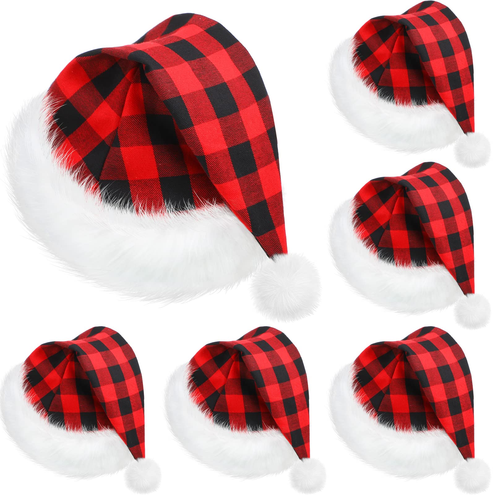 SATINIOR 6 Pieces Santa Hat Christmas Hat Claus Xmas Hat for Adults Unisex with Lining Plush Brim for Christmas New Year Party(Buffalo Plaid, Adult Size)