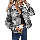 NILOINE Women's Cropped Plaid Shacket Jacket Long Sleeve Button Down Shirt Coat Tops with Pockets