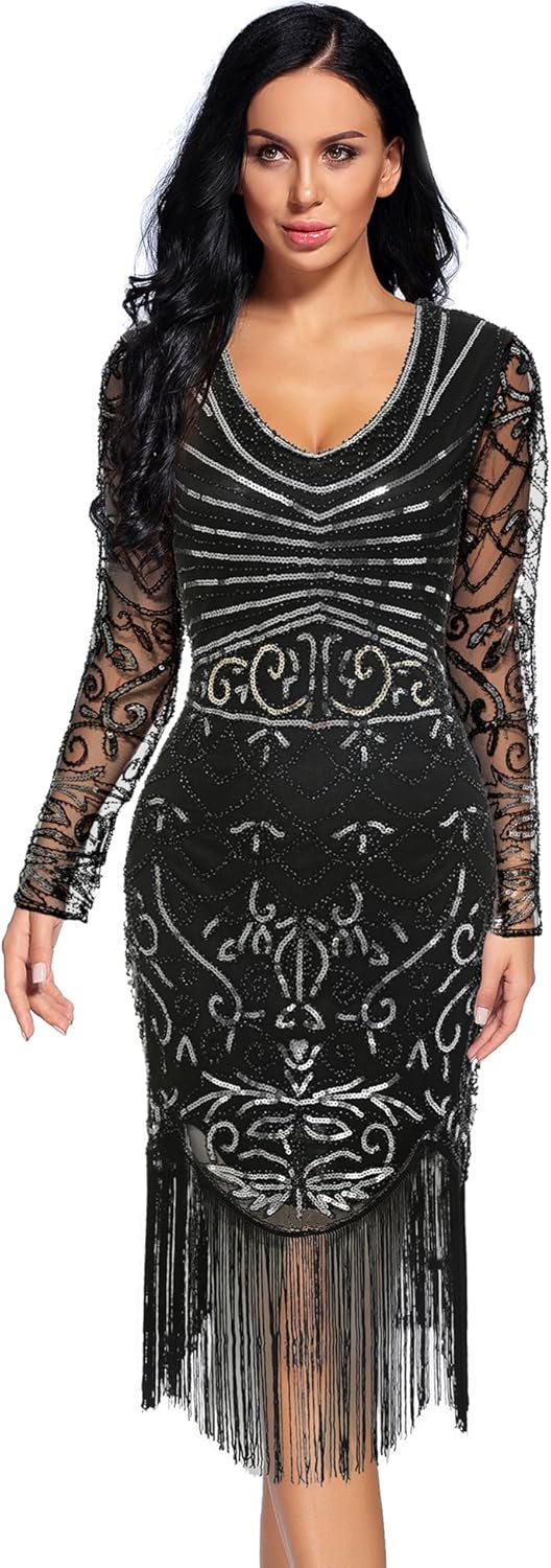 Women's 1920s Sequin Art Deco Flapper Dresses Great Gatsby Prom Cocktail Dress