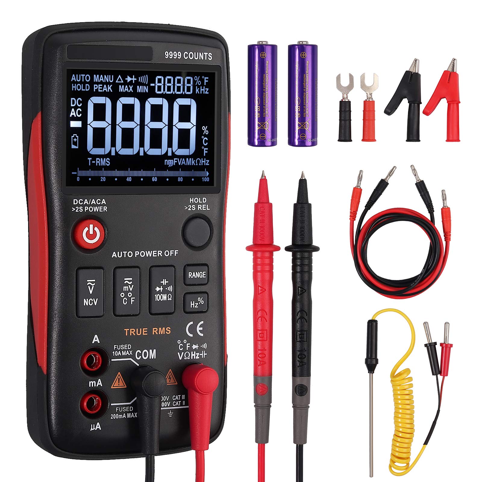 Proster Multimeter True RMS 9999 Counts with Analog Bar Graph NCV Multi Tester Ammeter Voltmeter Resistance Capacitance Tester with Alligator Clip