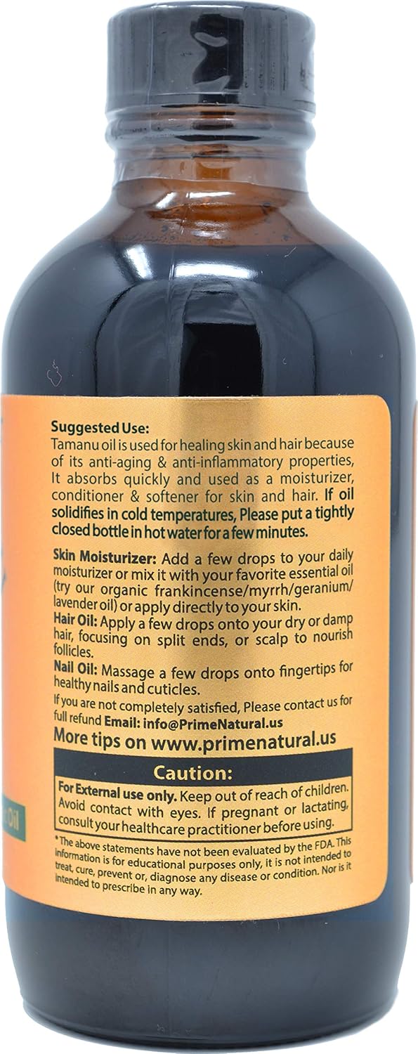Prime Natural Organic Tamanu Oil - Cold Pressed, Unrefined, Virgin (4oz / 120ml) for Hair, Nails, Skin Care: Beauty