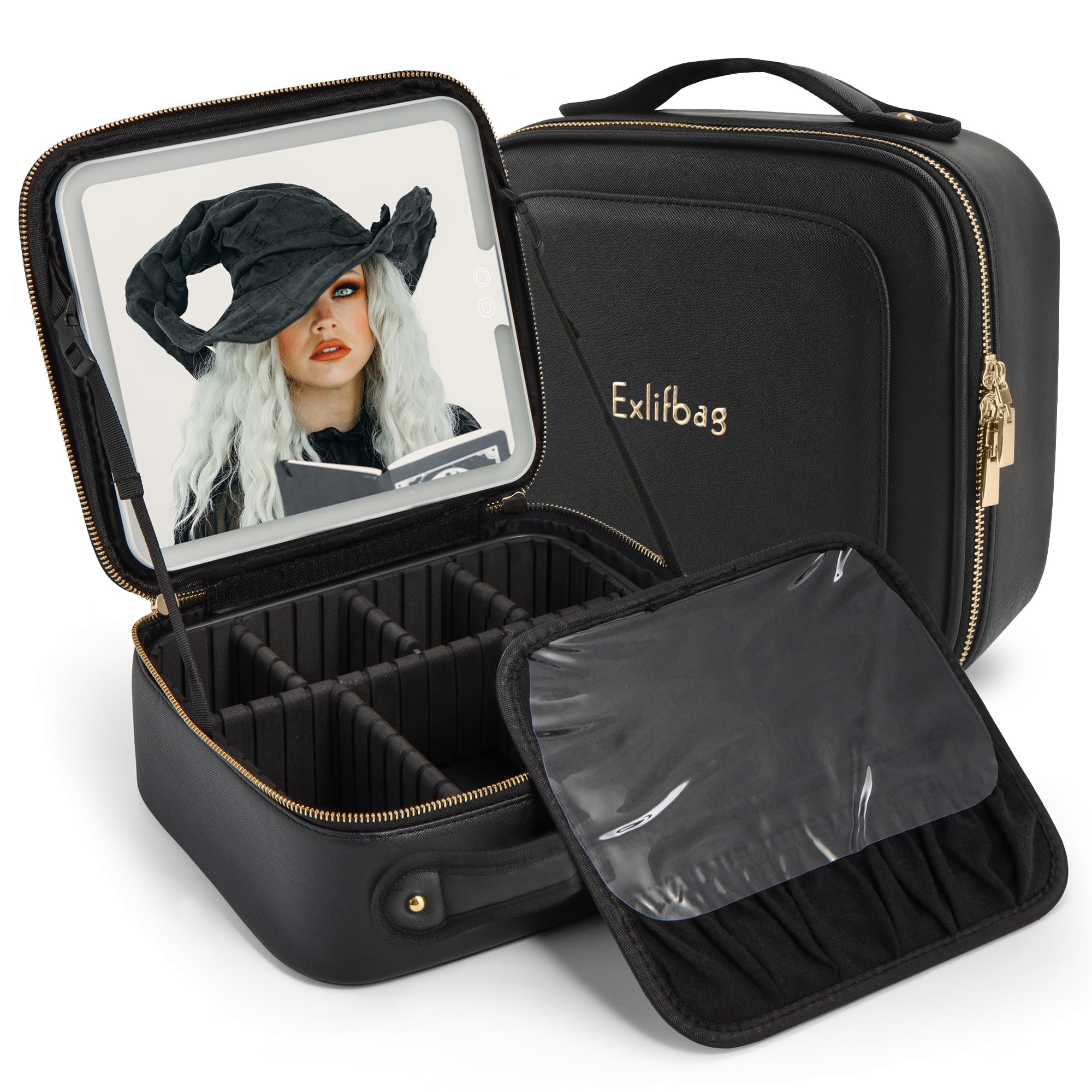 Photo 1 of EXLIFBAG Makeup Bag with Led Mirror, Portable Travel Makeup Bag Organizer, Cosmetic Bag (Black)