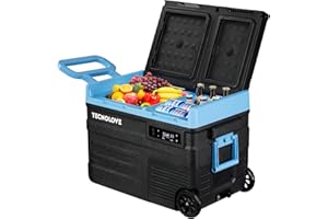 TECNOLOVE 45L Car Refrigerator Freezer, 48QT Dual Zone 12V / 24V Portable Fridge with Reversible Door, Battery Slot, All-Terrain Wheels, AC/DC Powered, Touchscreen Control, LED Light, -4℉~68℉, Ice Blue