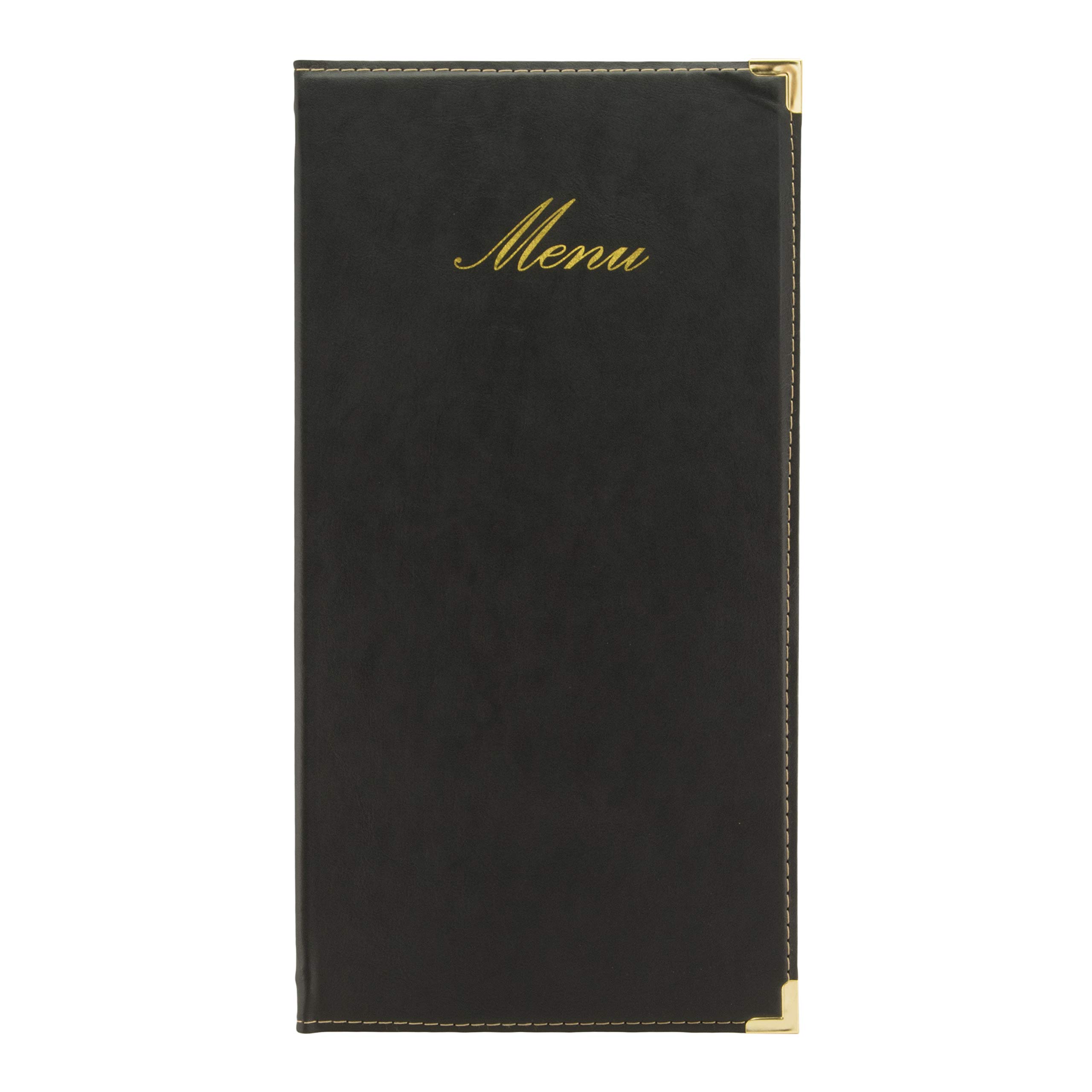 Securit Classic Leather Menu - Faux Leather A45 Menu Holder with Page View, Long Leather Menu Cover, Small Menu Folder for Restaurant & Cafe - Black