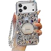 for iPhone 17 Pro Max Case for Women Girls,Luxury Plating Bling Glitter Diamond Design,iPhone 17 Pro Max Phone Case Girly Handmade Sparkle Rhinestone Soft TPU with Ring Stand and Bead Strap White