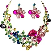 MMonesu Crystal Flower Bib Statement Necklace Set Chunky Diamond Flower Statement Necklace & Earrings Drama Bib Collar Jewelry Set for Women Prom Party Jewelry