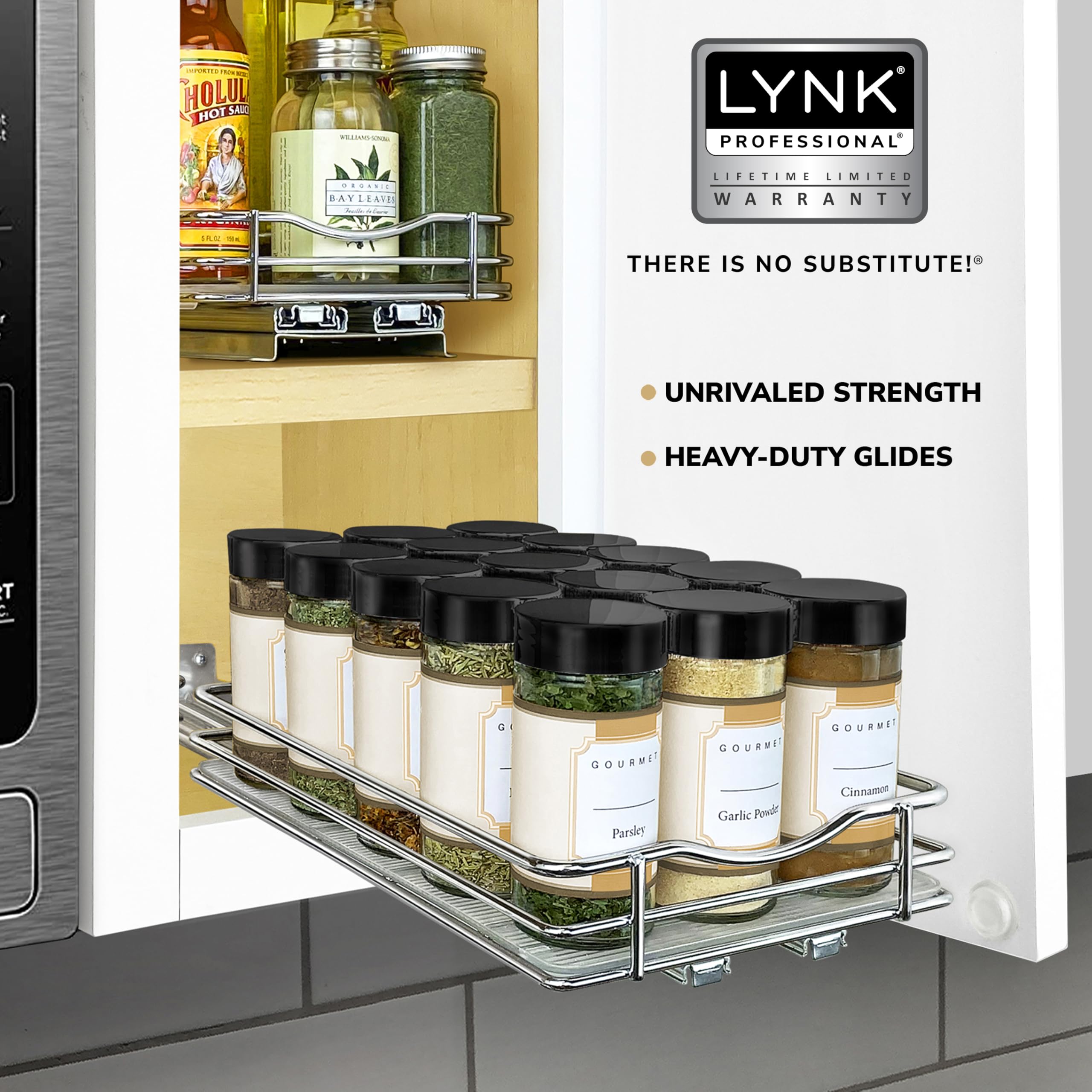 LYNK PROFESSIONAL® Pull Out Spice Rack Organizer for Inside Kitchen Cabinets - 6-3/8 inch Wide - Slide Out Drawer – Chrome Sliding Spice Cabinet Organization Shelf Racks - 1 Tier
