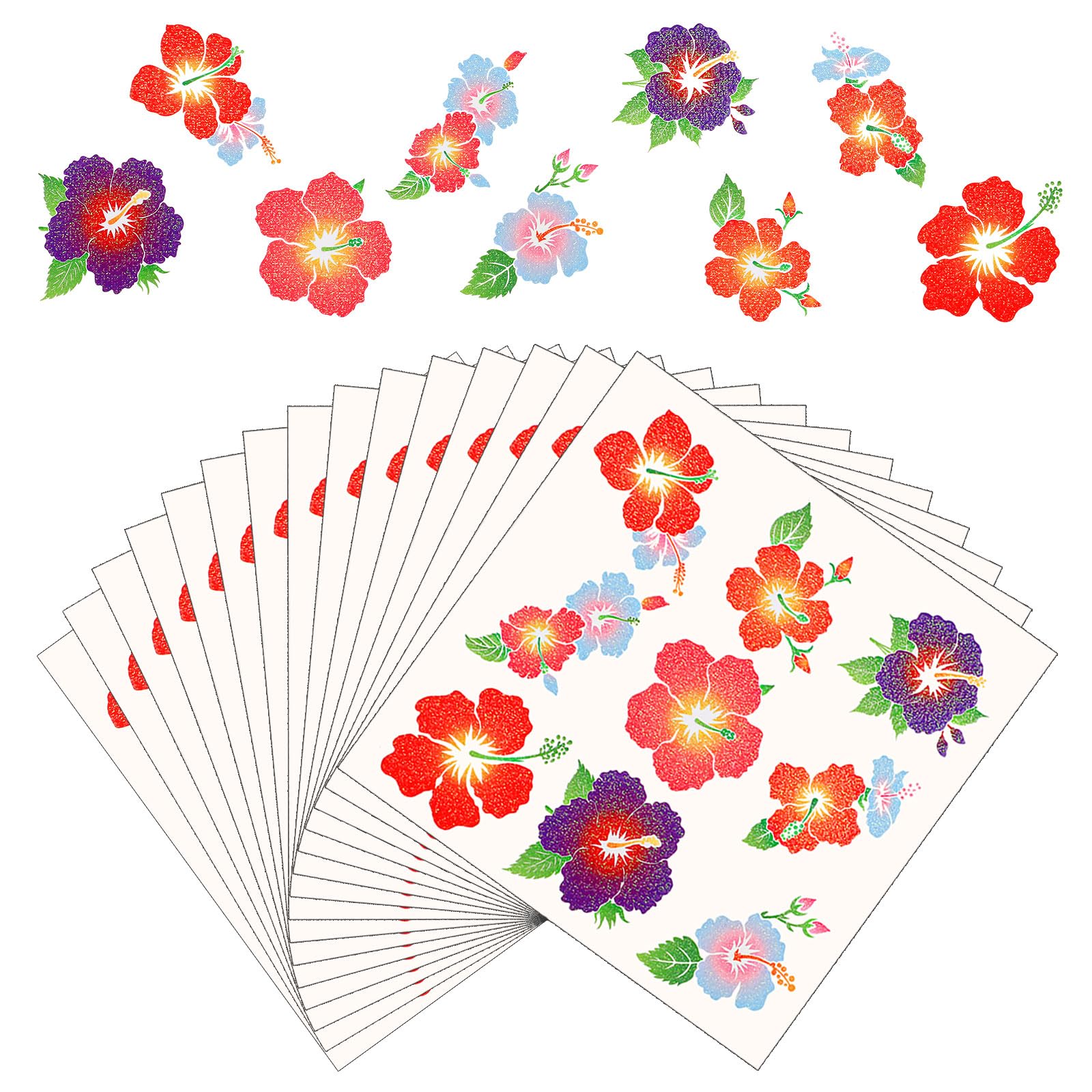 180pcs Hibiscus Flower Temporary Tattoos, Summer Hibiscus Glitter Tattoos Flower Temporary Tattoos Colorful Tattoo Stickers for Body Face Summer Beach Party Pool Party Supplies