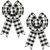 Ftuuo 2PCS Black White Buffalo Plaid Wreath Bows, Farm Burlap Bow for Wreath Christmas Rustic Crafts Decorative Hanging Ornament Bow for Xmas Indoor Outdoor Wedding Holiday Birthday Party Decor