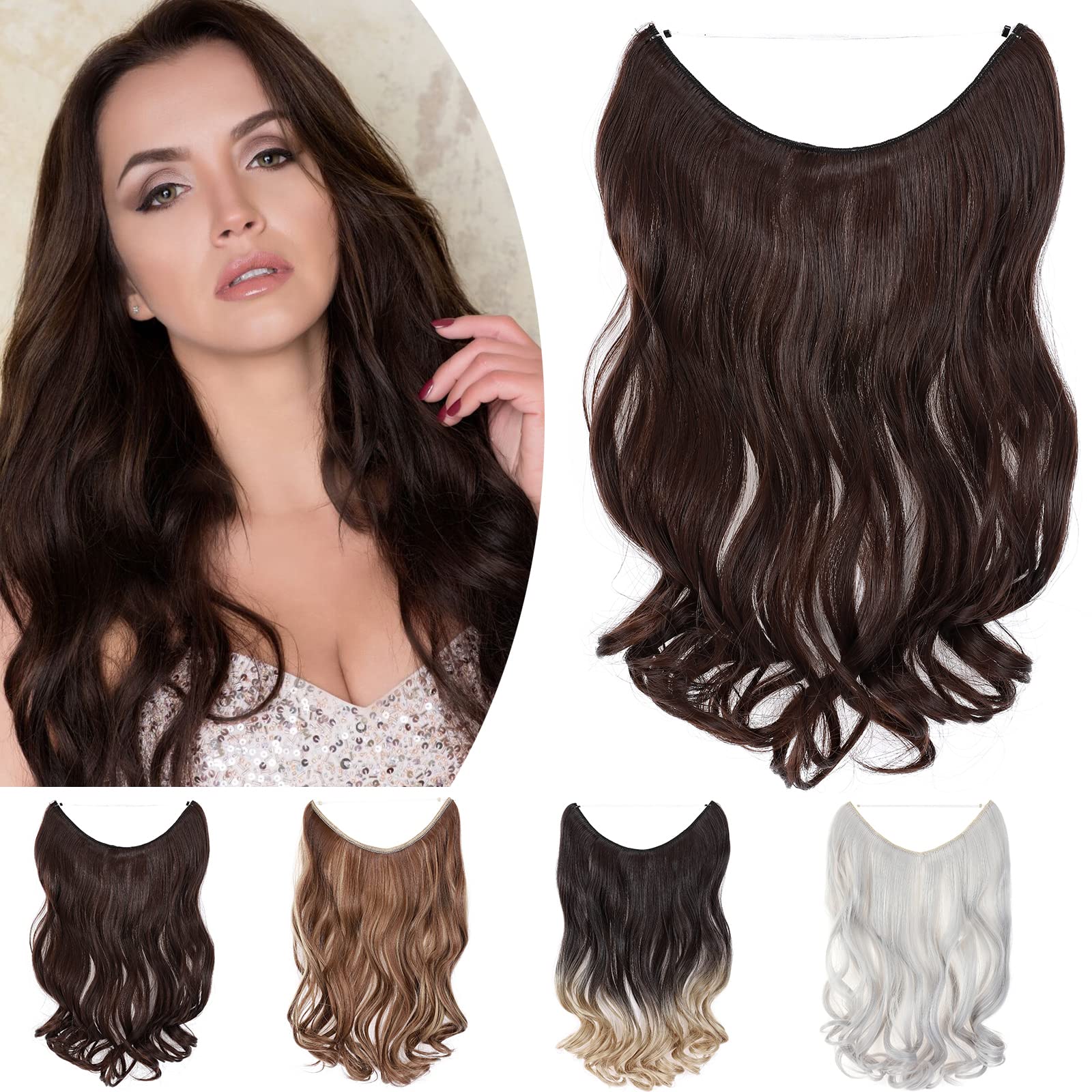 One Piece Wire In Hairpieces Matte Material Invisible Hair Extension Synthetic Wavy For Women Beauty, 20 Inch, Medium Brown