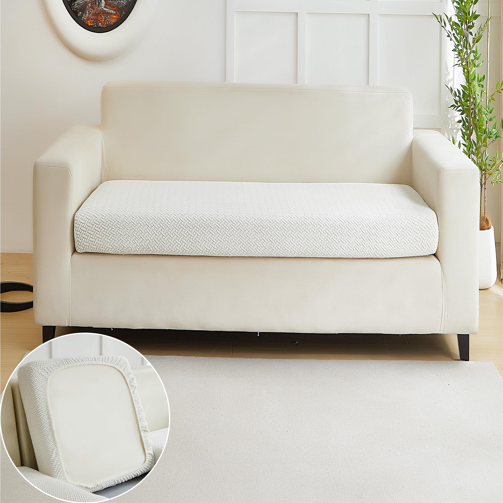 Photo 1 of Yoovat Couch Cushion Covers for Sofa Couch Covers Wear-Resistant Universal Sofa Cover Stretch for Sectional Slipcovers (Texture-Cream White,Large Double Seat Cover)