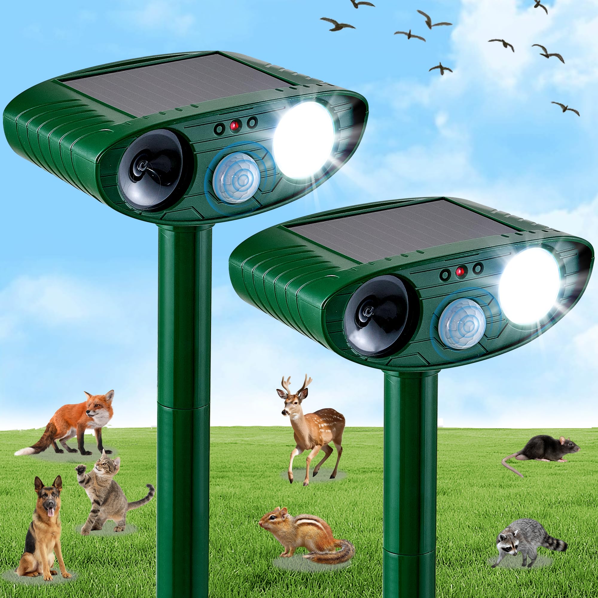 Photo 1 of 2 Pack Outdoor Solar Animal Repeller - Ultrasonic & Strobe Light, Deterrent for Cats, Dogs, Raccoons, Rabbits, Skunks, Foxes & More
