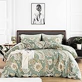 YuHeGuoJi Green Paisley Duvet Cover Queen 100% Cotton 3 Pcs Set 1 Vintage Bohemian Floral Duvet Cover with Zipper Ties 2 Pillowcases Sage Green Boho Damask Bedding Set Soft