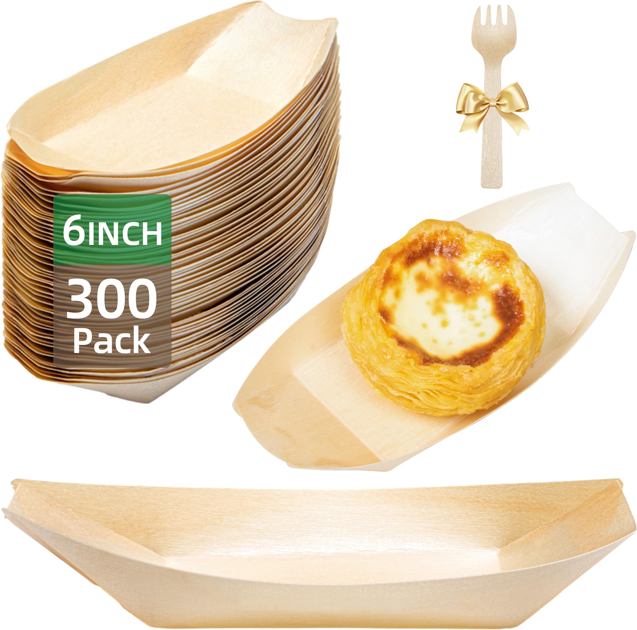 Photo 1 of Suwodpak 300-Pack Wooden Disposable Plates 6 IN Boat Plates Food Trays Disposable Dessert Plates Disposable Food Boats for Party Weddings Picnic (Actual Size Used: 3.39" D x 1.97" W x 0.63" H)