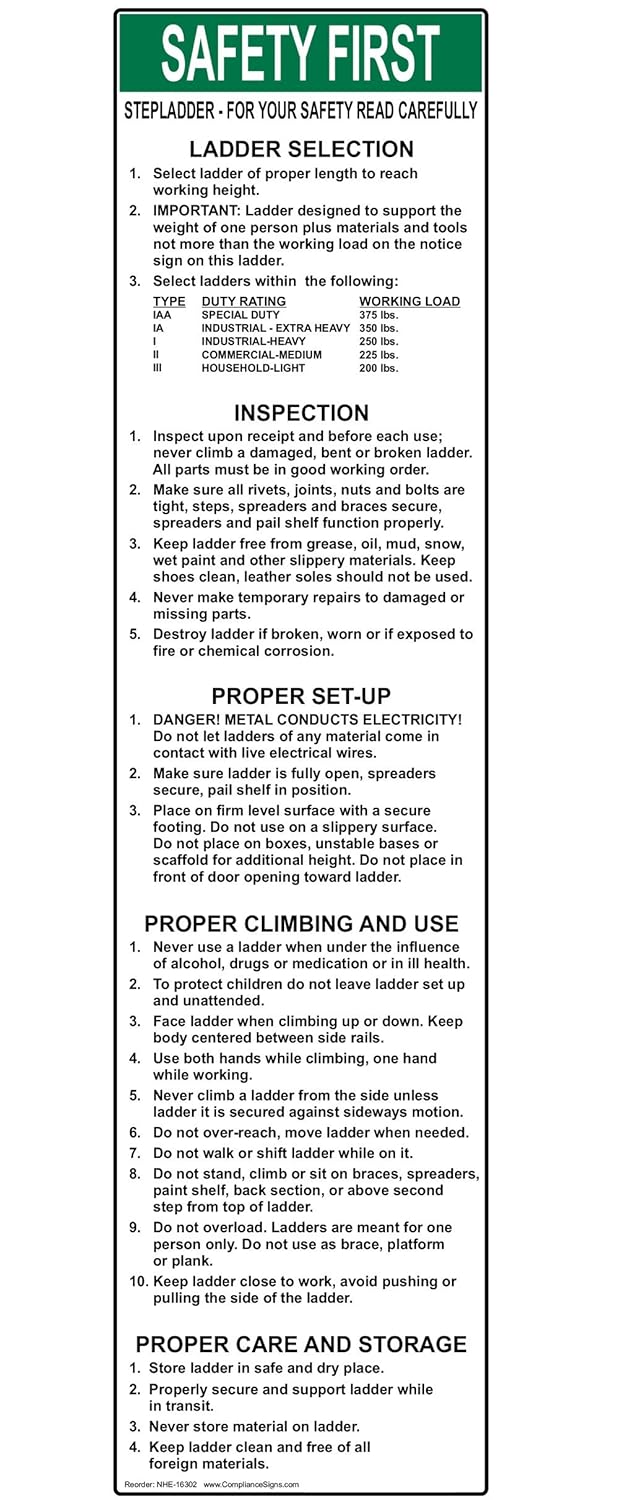 Step Ladder Safety Label Decal, 8x2 inch Vinyl for Industrial Notices