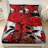 AILONEN Red Rose Fitted Sheet Set Queen Size, Grey Retro Couple Rose Bed Sheet Set,Romantic Floral Butterfly Sheet Set 3 Pieces, 1 Fitted Sheet and 2 Pillowcases