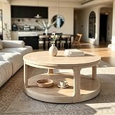 LETBASK 40" Round Wood Coffee Table with Roller Wheels (40"x 17.52") | Wood Coffee Table,2 Tier Center Table,Round Coffee Table for Living Room,Solid Wood+MDF,Easy Assembly