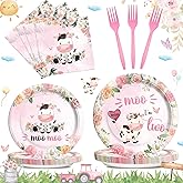 Hombae Moo Moo Im Two Birthday Supplies Tableware Set, Moo Moo Im Two Party Decorations, 2nd Birthday Decorations Girl, Pink Cow Second Theme Plates Napkins Forks Serves for 24 Guests
