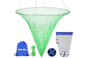 JAKIE-MAR Foldable Bridge and Pier Fishing Net, Drop Net for Pier Fishing, Pier Net for Fishing Saltwater Freshwater, Multi-Purpose Foldable Rubber Fish Basket with 32FT Rope