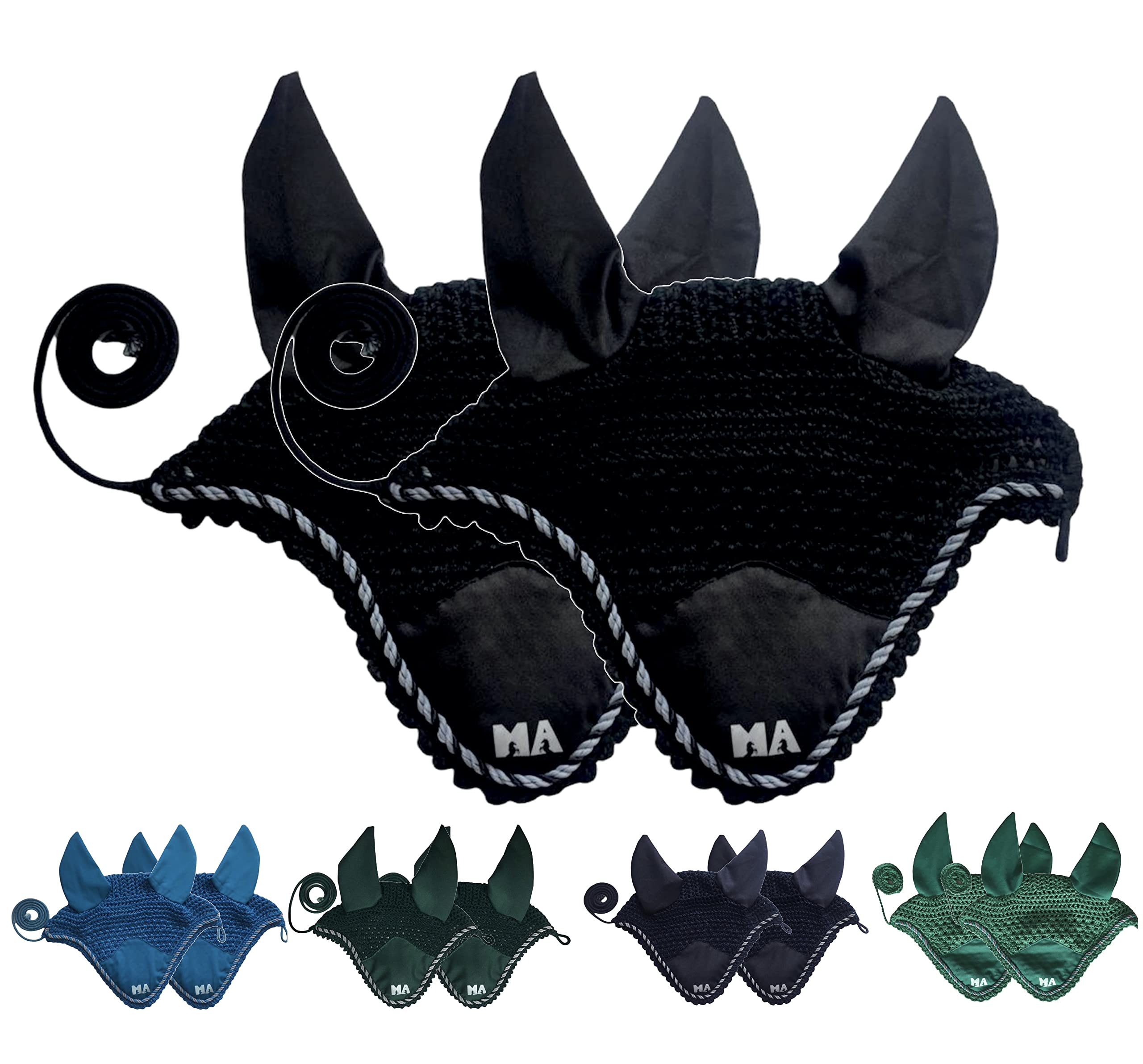 Majestic Ally 2 Pcs Handcrafted Crochet Fly Veil with Ear Net and Braided Rope for Horse (Black)