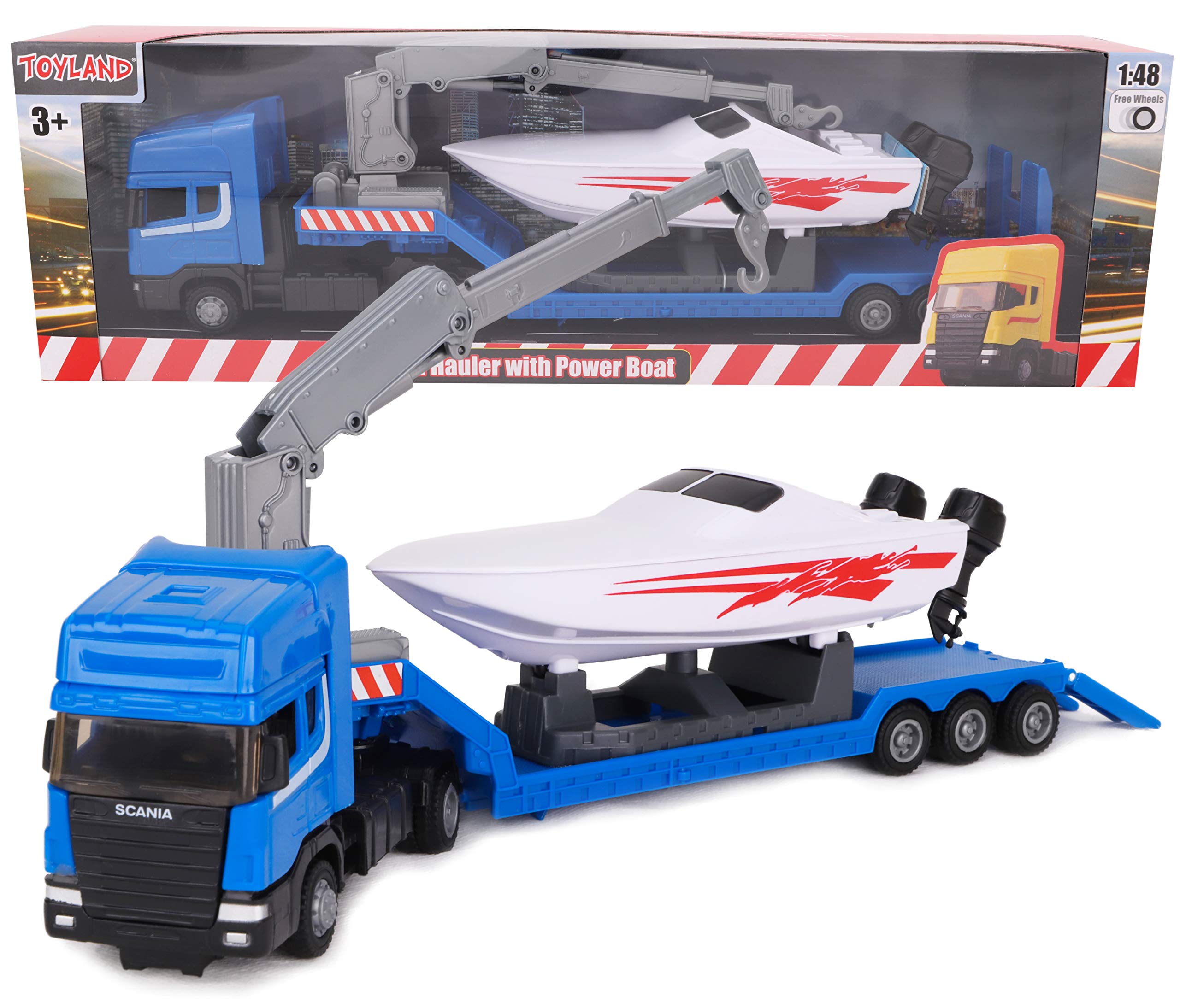 Toyland® Scania Flatbed Hauler Transporter Truck With Power Boat - 1:48 Scale - Diecast - Free Wheel (Blue Truck)