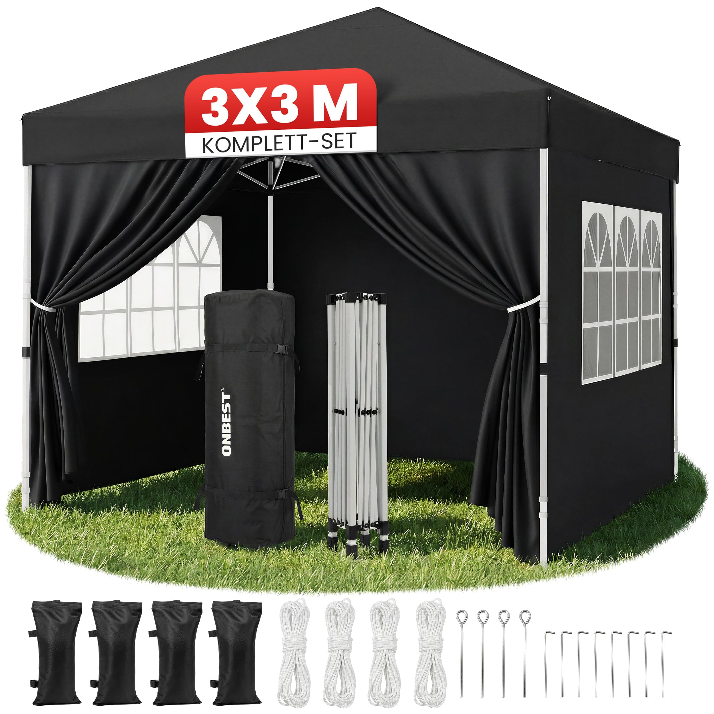 ONBEST Faltpavillon 3x3m Pop Up Pavillon mit Sandsäcken – Patentierte expressaufbau Funktion - wasserabweisend & stabil - Metall Partyzelt mit Seitenwänden für Garten, Terrasse & Outdoor (Schwarz) 2
