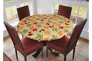 Covers For The Home Deluxe Elastic Edged Flannel Backed Vinyl Fitted Table Cover - All-Over Leaves Pattern - Large Round Oblong Oval - Fits Tables up to 45" - 56" Diameter