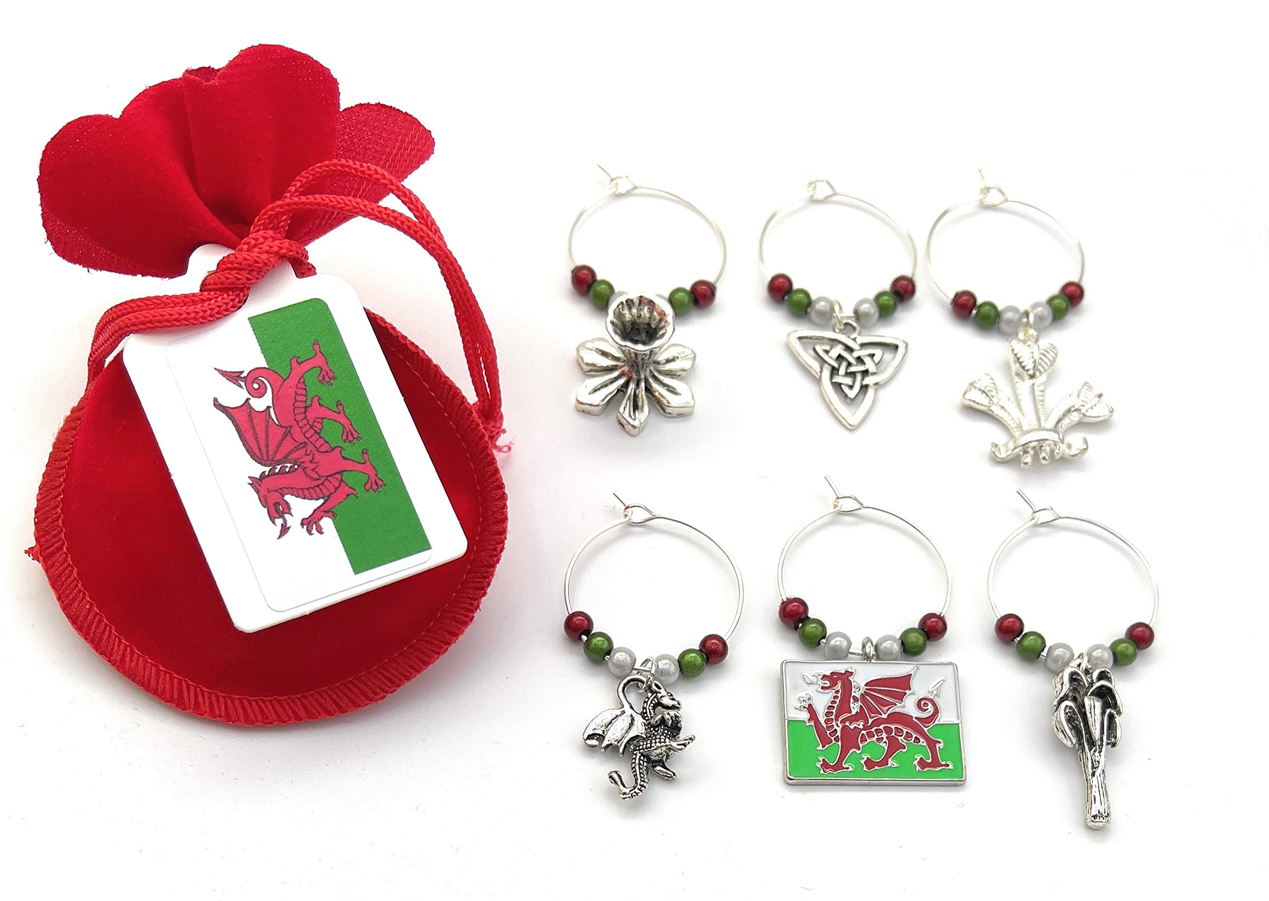Libby's Market Place Wales Welsh Design Wine Glass Charms with Velvet Gift Bag