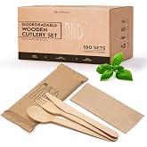 PURPLECLAY Wooden Disposable Utensils Set, 300 Pieces | Wrapped Utensils and Napkins, 100 Sets | Compostable Silverware for Parties | Eco Friendly, Plastic-Free Alternative to Bamboo Cutlery