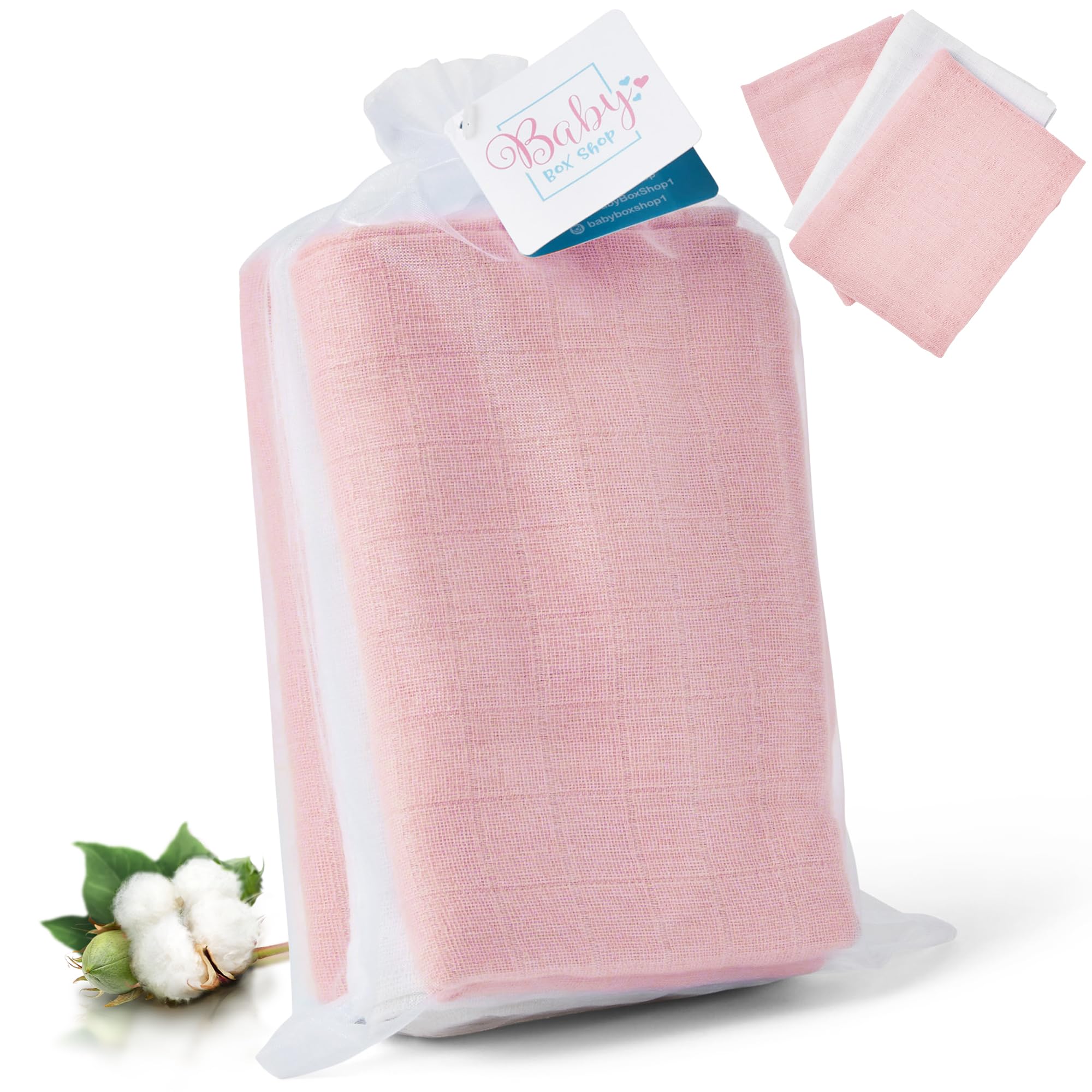Baby Box Shop - Muslin Cloths, 100% Soft Cotton, Use as Breast Feeding Cover for Mum, Burp Cloths for Newborn - Unisex Baby Essentials, 70cm x 70cm, 2 x Pink 1 x White (Pack of 3)