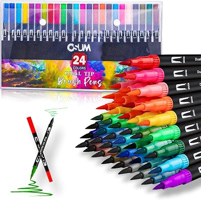 OSUM Colouring Pens Wallet of 24 Dual Tip Brush Markers Fineliners