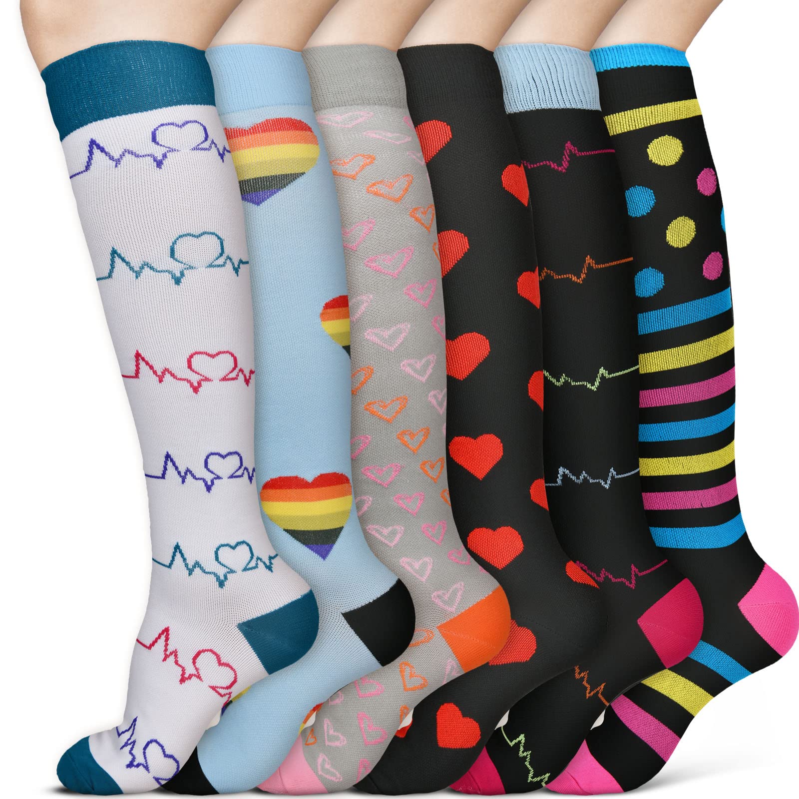ACWOO Compression Socks for Women & Men, 6 Pairs Colorful Breathable Long Tube Compression Socks, Non-Slip Flight Socks Running Socks for Sports, Flying, Maternity Pregnancy, Nurses, Travel