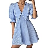 Floerns Women's Gingham Print V Neck A Line Dress Puff Sleeve Flare Hem Short Dresses