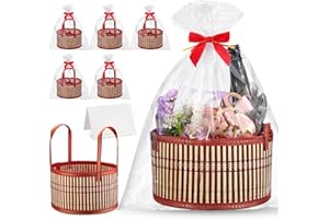Weysat 6 Set Baskets for Gifts Empty Christmas DIY Bulk Large Woven Bamboo Gift Basket Kit with Handle Wrap Bag Red Bow to Fill for Xmas Wedding Birthdays Party Wrapping (Red)