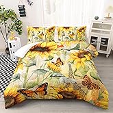 AILONEN Sunflower Comforter Set, Yellow Floral Botanical Boys Girls Bedding Quilt Queen Size,Eiffel Tower with Butterflies Bed in a Bag,1 Comforter 2 Pillowcases,3-Pieces Microfiber