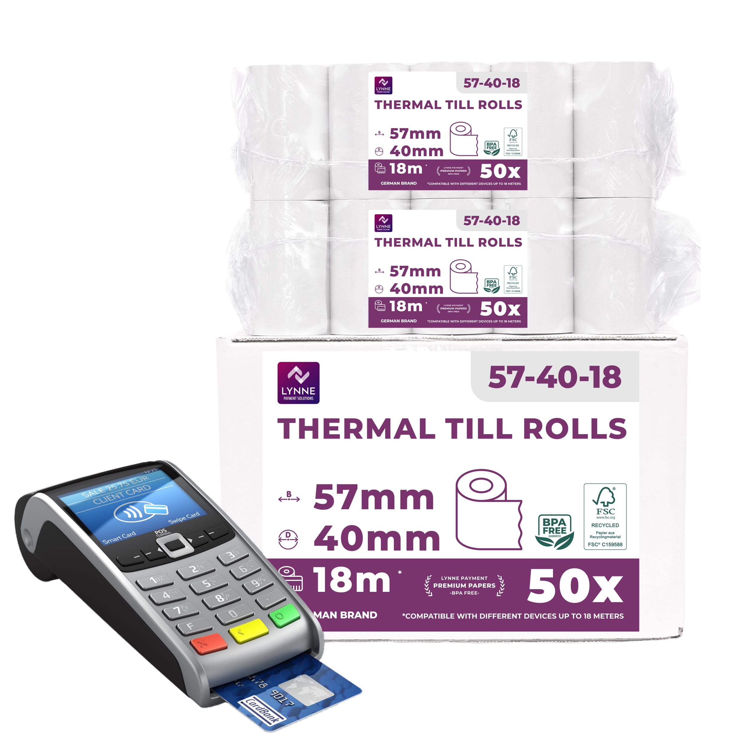 Thermal Till Rolls 57x40 – PDQ Rolls for Cash Register – Credit Card Receipt Paper 57mm x 40m x 12mm - BPA Free (Pack of 50 Rolls)