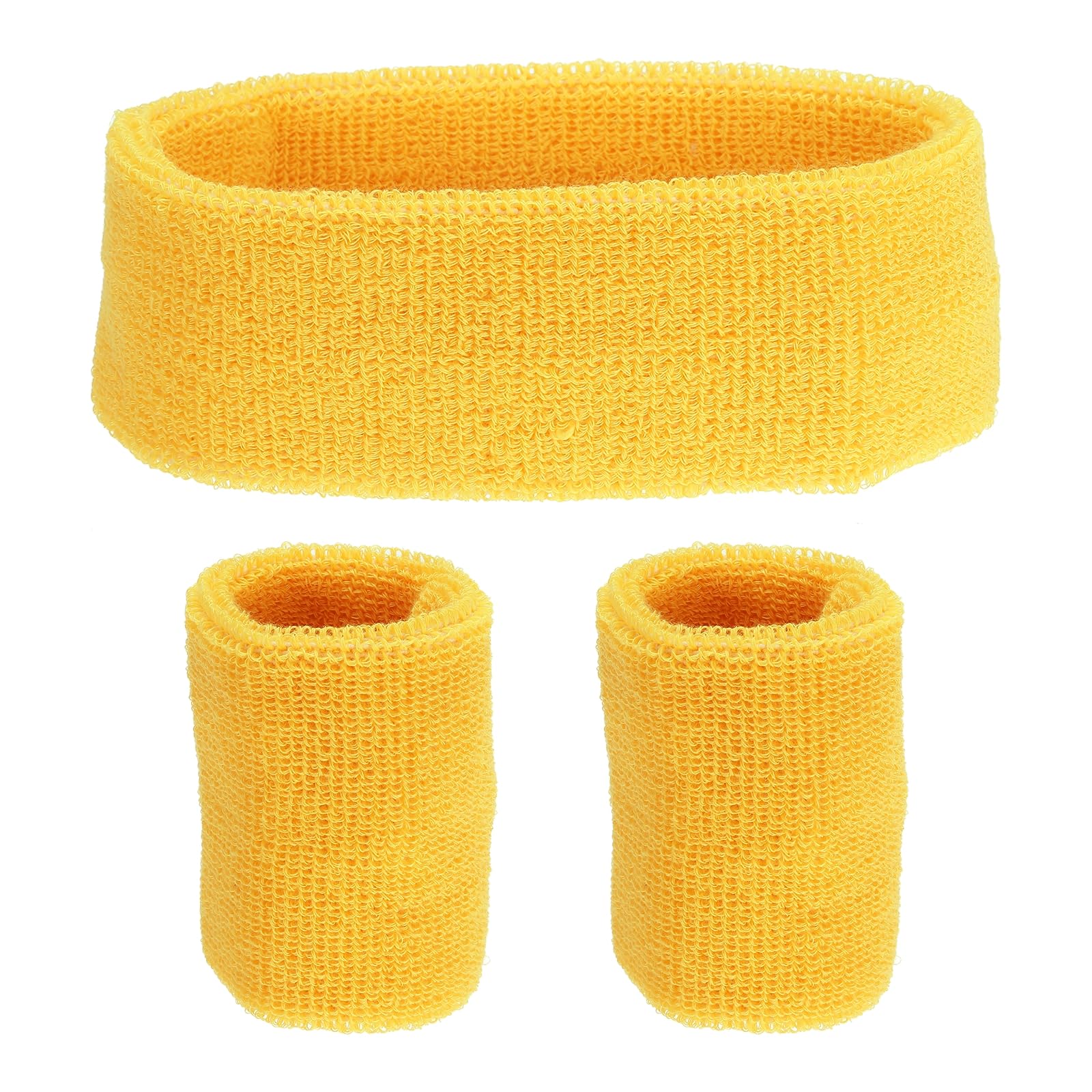 PATIKIL Sports Wristbands Headband Set, 8x8cm Cotton Terry Cloth Athletic Absorbent Sweatband 20x5cm Headband for Tennis Basketball Running, Yellow (1 Headband & 2 Wristbands)
