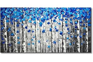 WINPEAK ART Textured Forest Abstract Canvas Wall Art Hand Painted Modern Blue Tree Oil Painting for Decoration