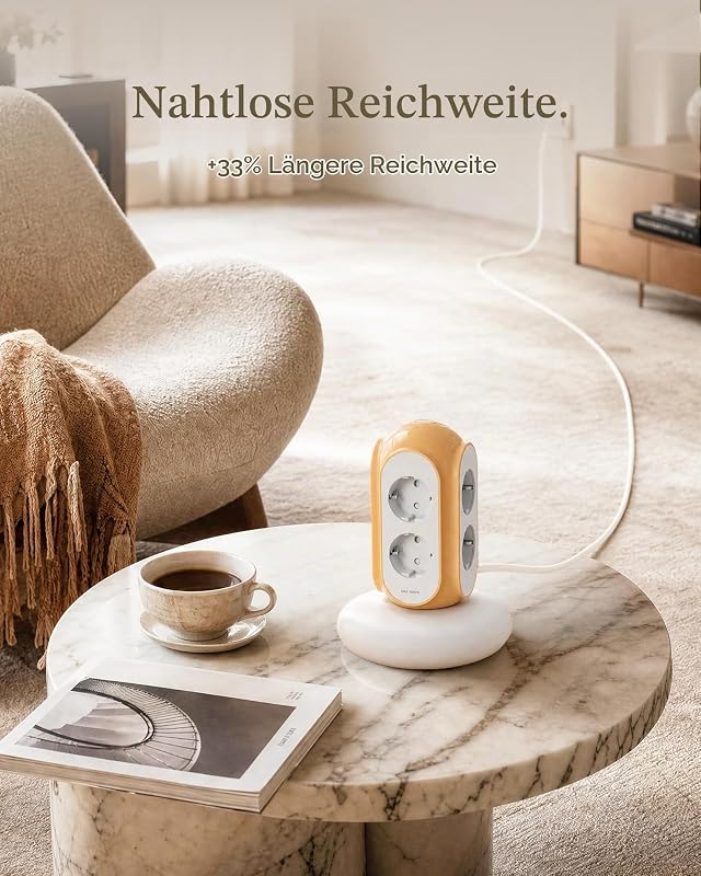 Steckdosenturm Mehrfachsteckdose 6-Fach mit Schalter, 3680W/16A, 1420J Überspannungsschutz, 2 m Kabel, 479g Standfuß, Überlastschutz, 850°C Gehäuse, Büro & Schlafzimmer (Mittelmeerblau)