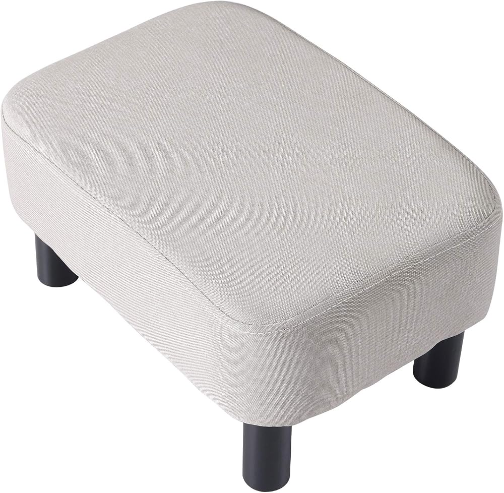 YMYNY 42cm Footstool Rectangle Ottoman with Wooden Legs Linen Fabric Light Gray
