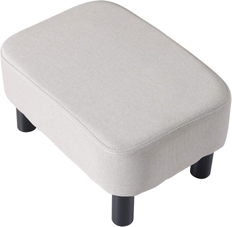 YMYNY 42cm Footstool Rectangle Ottoman with Wooden Legs Linen Fabric Light Gray