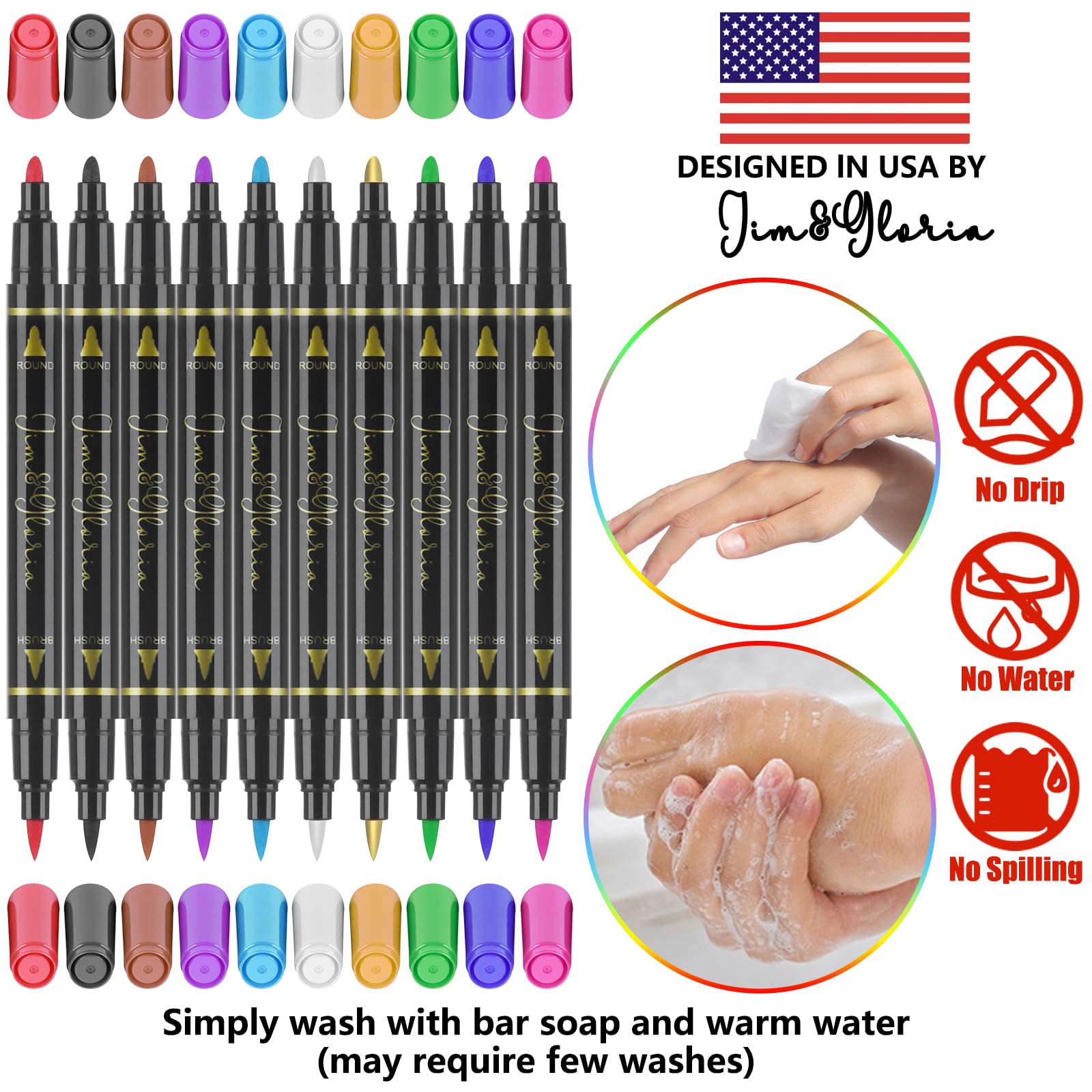 Jim&Gloria Body Art Tattoo Pen Dual Tip 10 Colors with GOLD SILVER Temporary Tattoo Markers Skin Pen Body Markers Skin Marker Face Paint Kids Teen Girl Gifts Trendy Stuff 8 9 10 11 12 13 14 Years Old