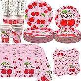 Obussgar Cherry Party Decoration - Cherry Birthday Party Tableware Supplies Includes Plates, Cups, Napkins, Tablecloth, Straws (40)