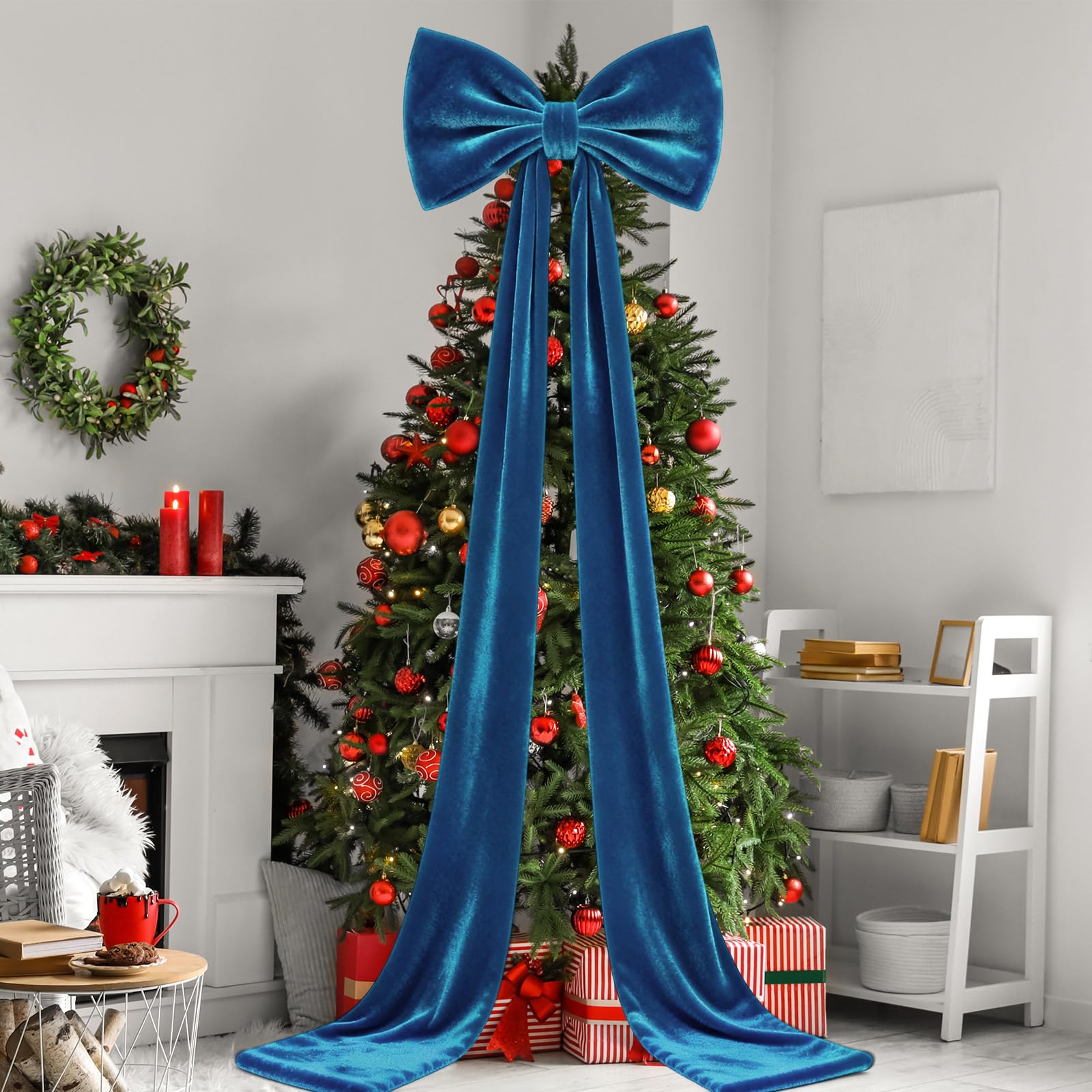 Photo 1 of 118 x 31 Inch Giant Christmas Tree Topper Bow Extra Large Velvet Bow for Christmas Decoration Huge Xmas Tree Bows with Streamers for Home Holiday Birthday Wedding Party Decor Supplies (Dark Blue)