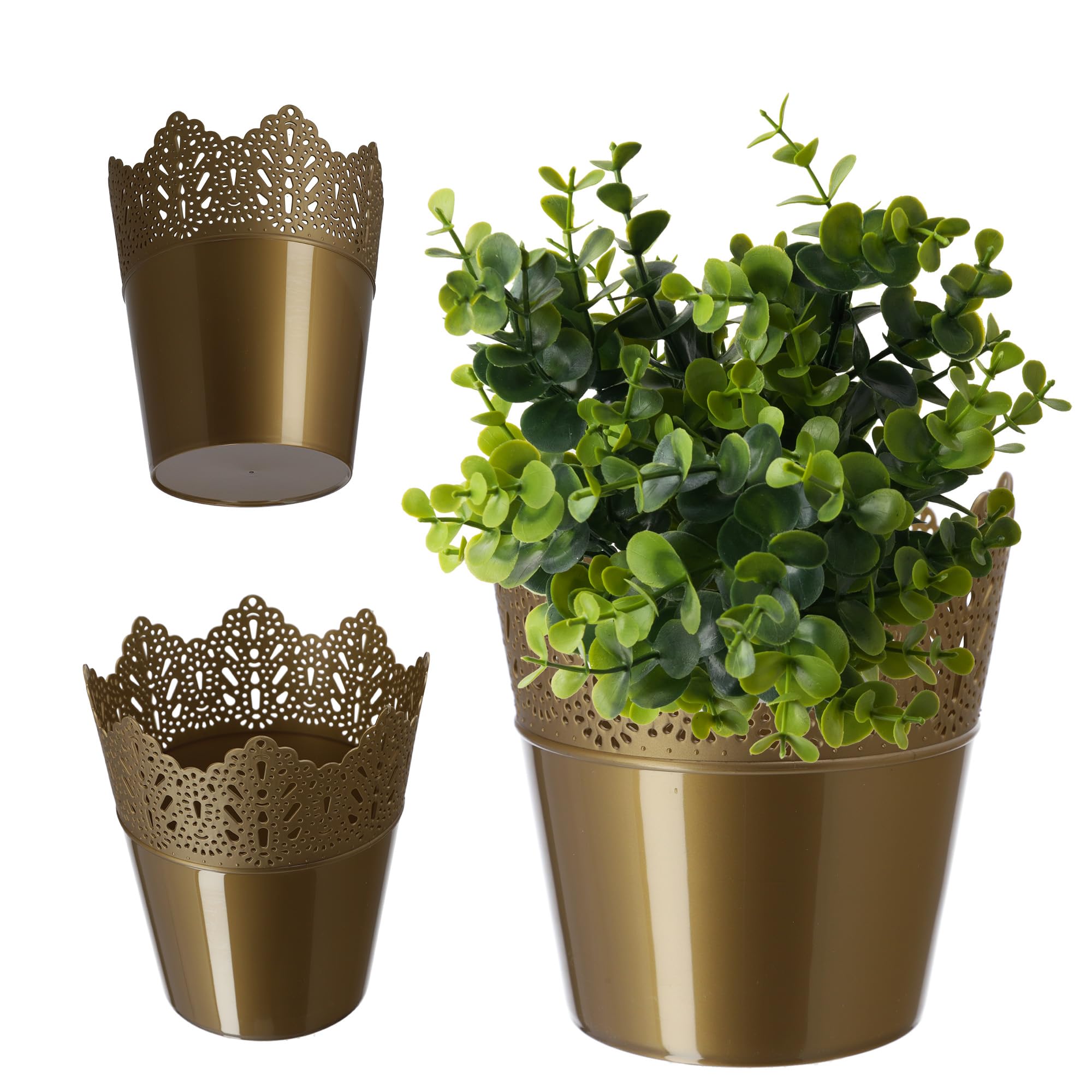 KADAX Plastic Lace Flower Pot 9 Colors Lace Flower Pot Flower Pot Protector for Office Pot Garden Bowl Flower Pot Planter (Diameter 14.5cm, Low, Gold)