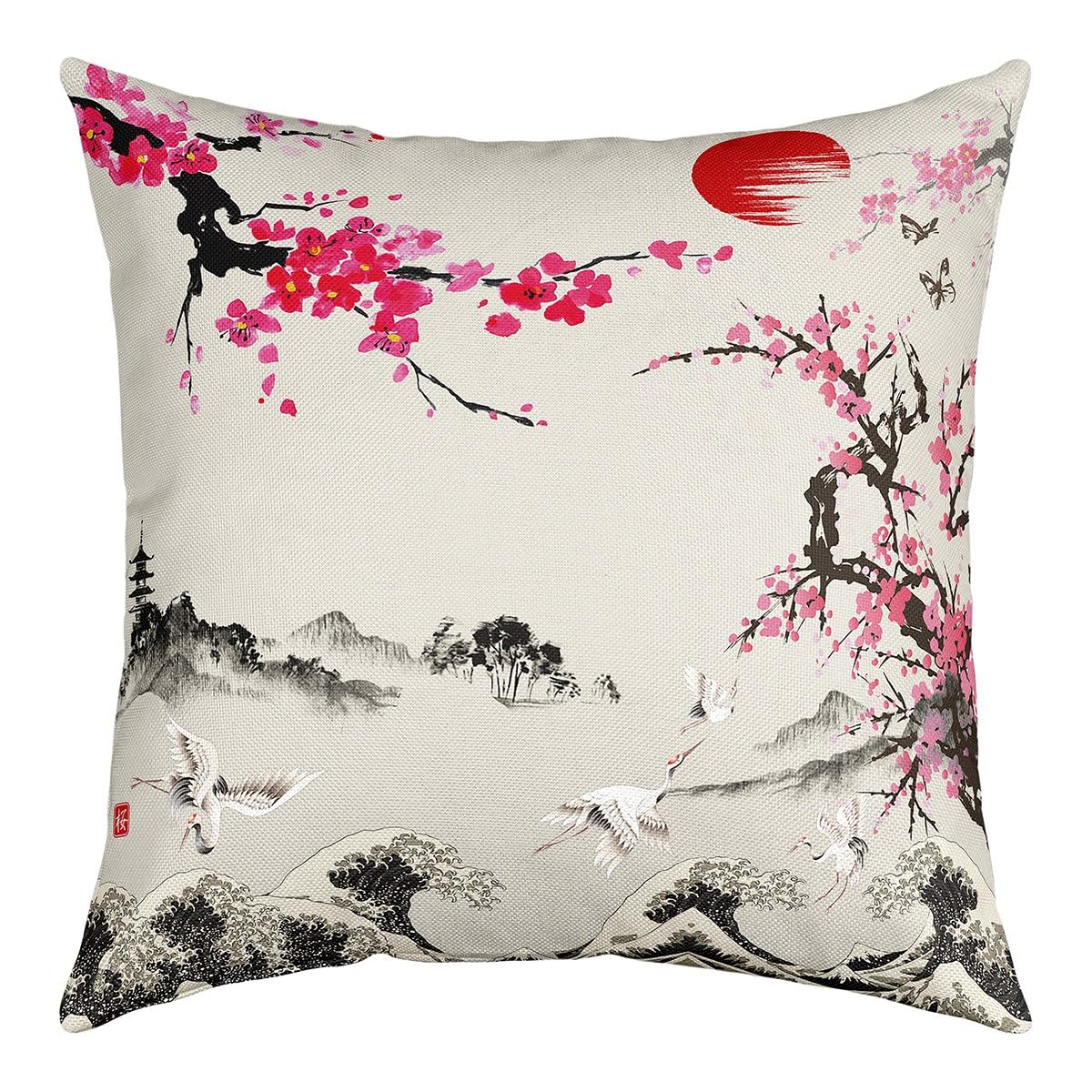 Homemissing Cranes Pillow Cases Cushion Covers Japanese Ukiyoe Decor Vintage Bed Set for Kids Ocean Wave Sun Cherry Blossoms Japanese Exotic Style Set of 1 Soft 16x16 Inch