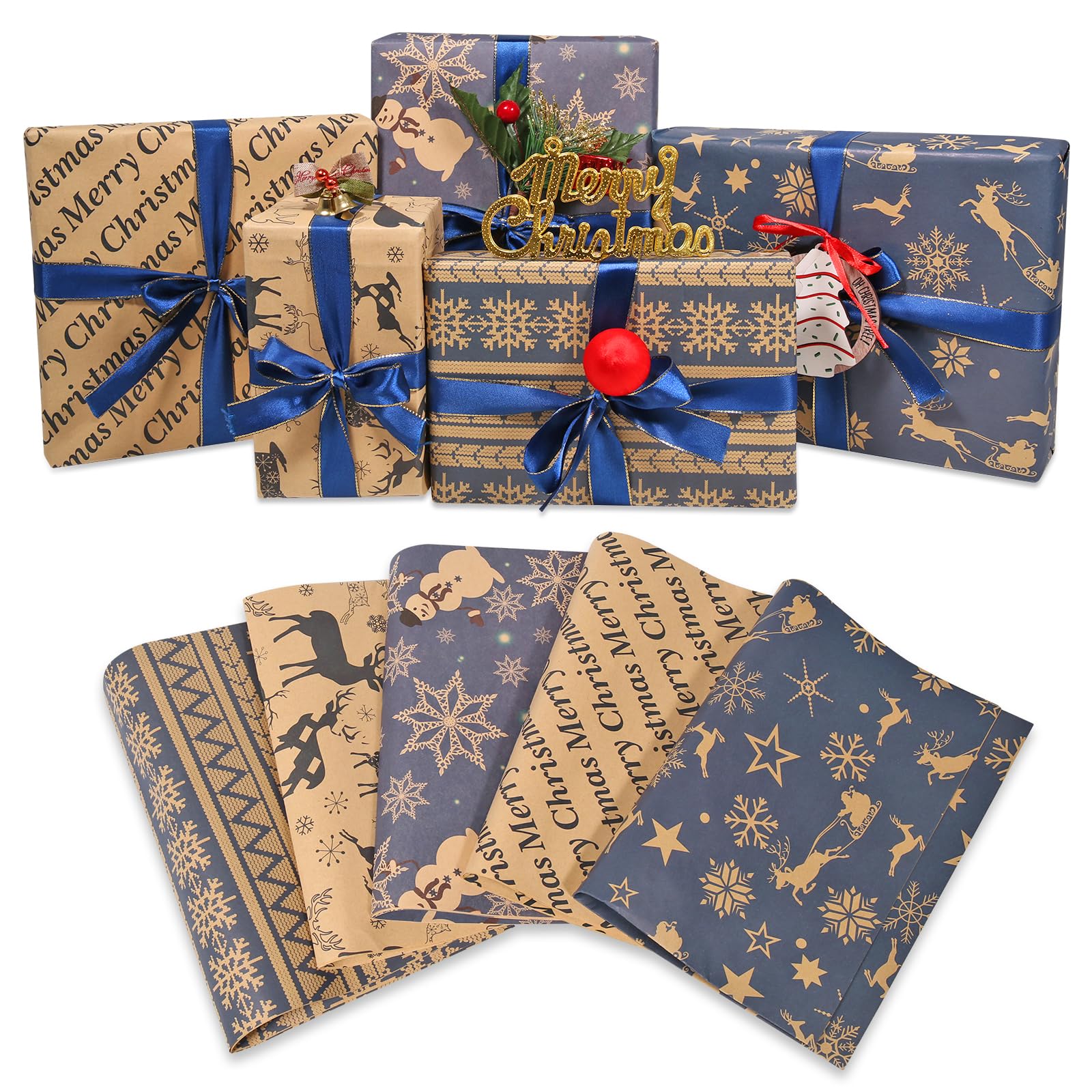 Christmas Wrapping Paper Set, 10 Pack Folded Sheets (5 Designs, 2 Each) 70x50cm – Kraft & Navy Gift Wrap Paper with Reindeer and Snowflake Prints – Recyclable Xmas Wrapping for Gifts & Holidays