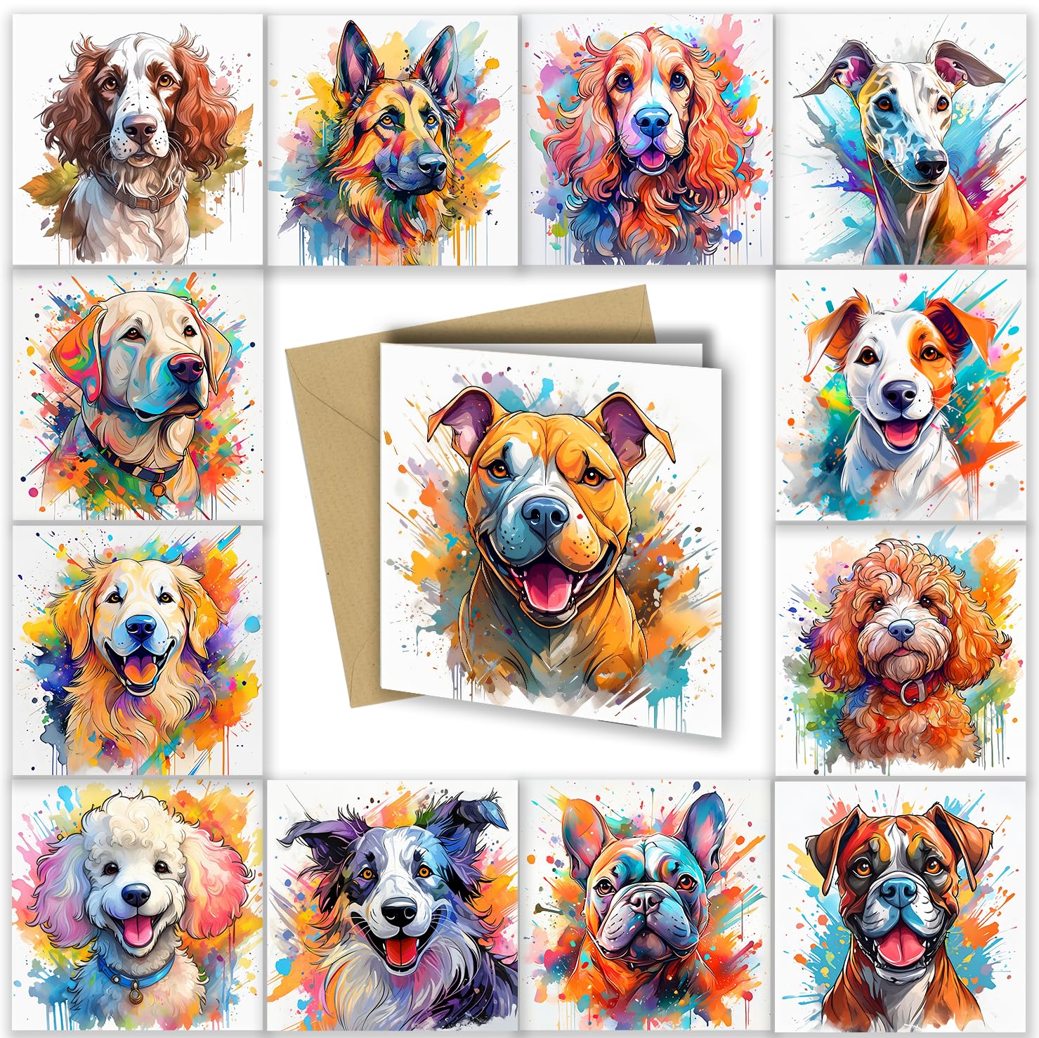 Dog Greeting Cards, Various Dogs, Watercolour & Pen, Ideal for Birthdays from the Dog, Anniveraries, Get Well Cards, Good Luck Card, Fathers Day, Mothers Day (Full Collection x 12)